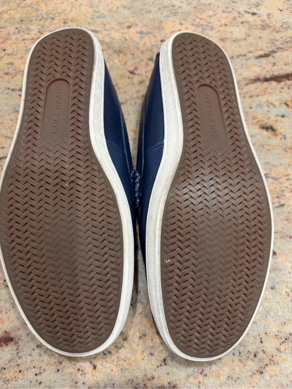 Cole Haan Navy Leather Slip-On Penny Loafers with White Sole